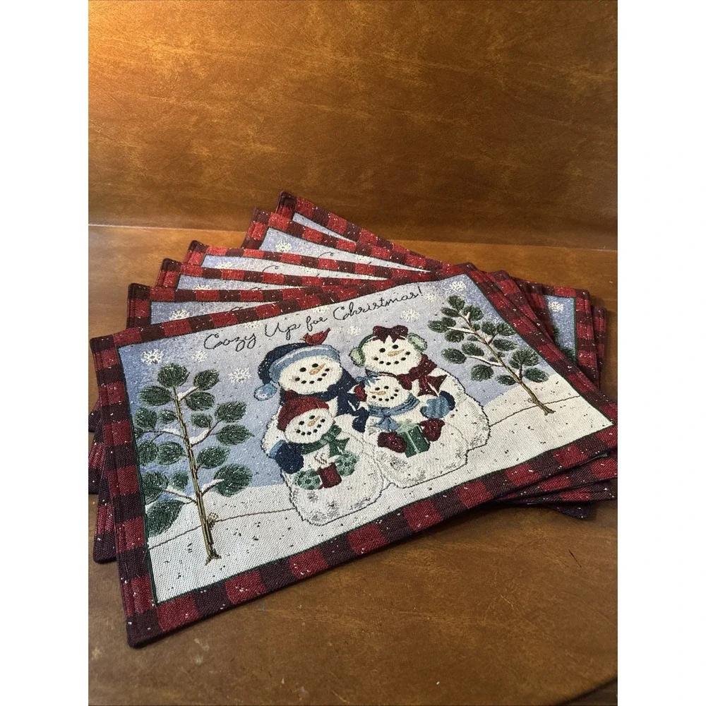 Christmas Winter Wonderland Tapestry Placemats Set of 6 Snowman Family& Cardinal